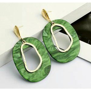 "Green Village" Bohemia Gold Green Hollow Geometry Round Drop Earrings